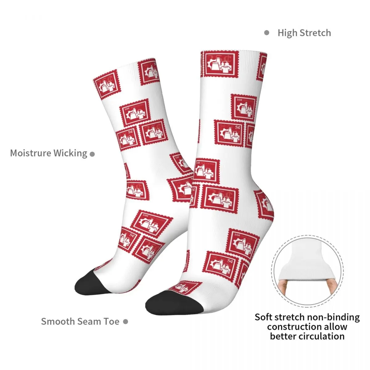 Textile Engineering Cherry Red & White Stamps Socks Harajuku Stockings All Season Long Socks for Unisex Christmas Gifts