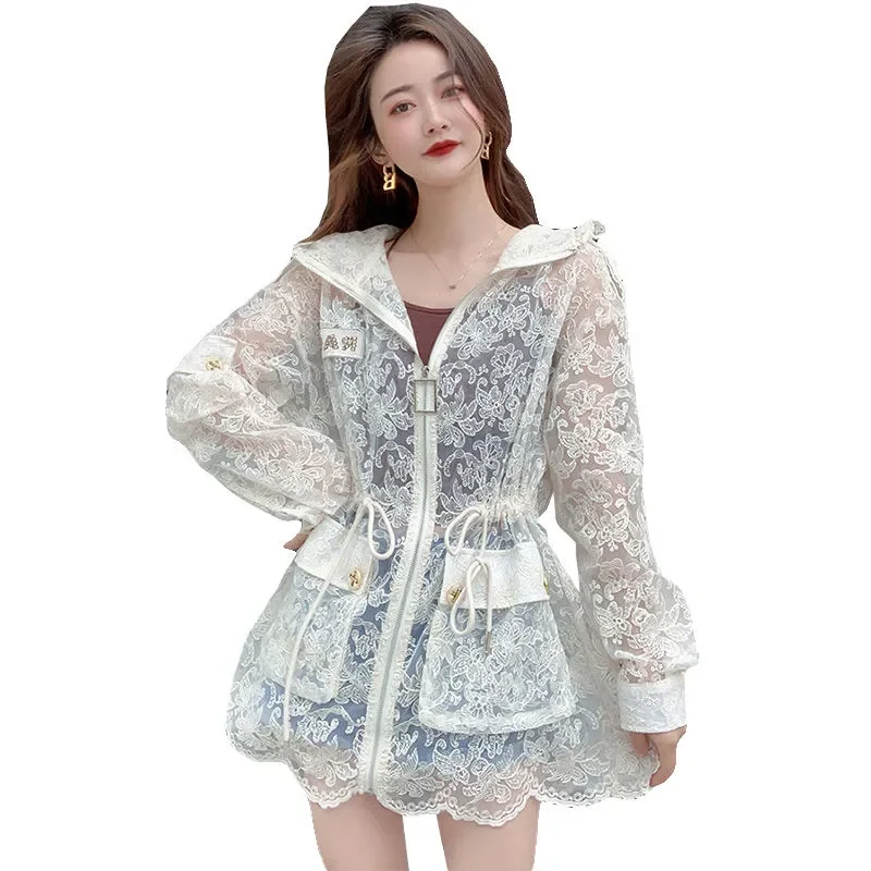 Spring Summer Mid-Long Women\'s Sunscreen Coat 2024 New Fashion Hooded Sun Protective Clothing Embroidery Outerwear Female