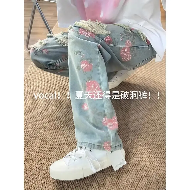 Rose bedrukte jeans met gaten voor dames zomer Amerikaanse vintage trendy high street micro flare broek met rechte pijpen unisex Y2k broek