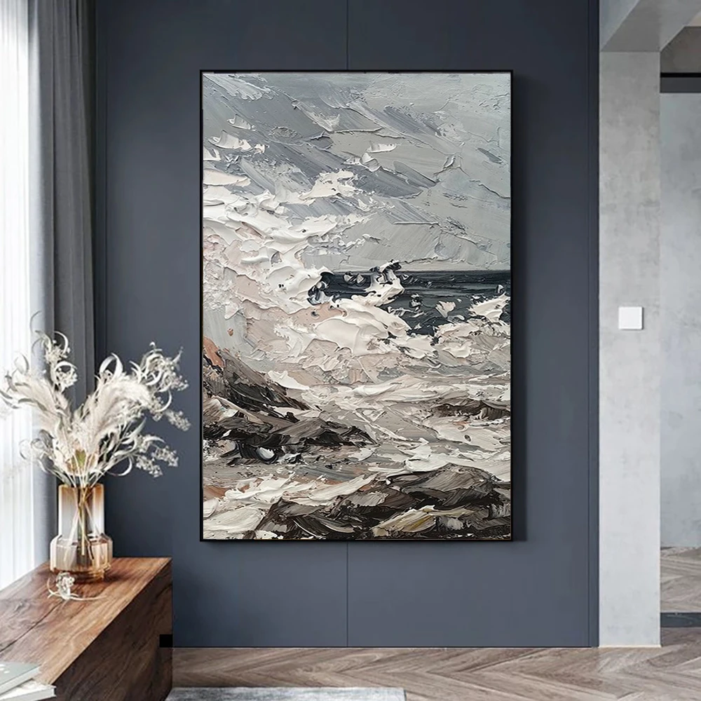 

Handmade Textured Abstract Landscape Painting White Waves Picture Modern Canvas Wall Art Artwork for Home Wall Decoration Mural