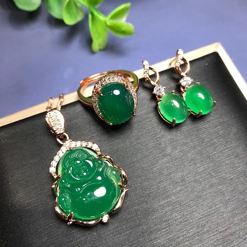 

Color Green Chalcedony Rose Chalcedony Buddha Pendant Earring Ring Adjustable
