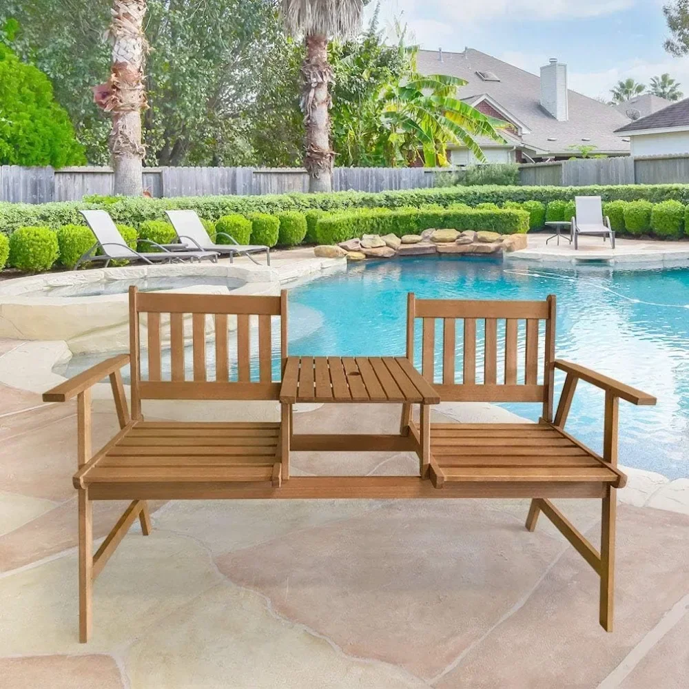 Outdoor Patio Bench Wood Garden Bench Park Bench Acacia Wood with Table for Pool Beach Backyard Balcony Porch Deck Garden