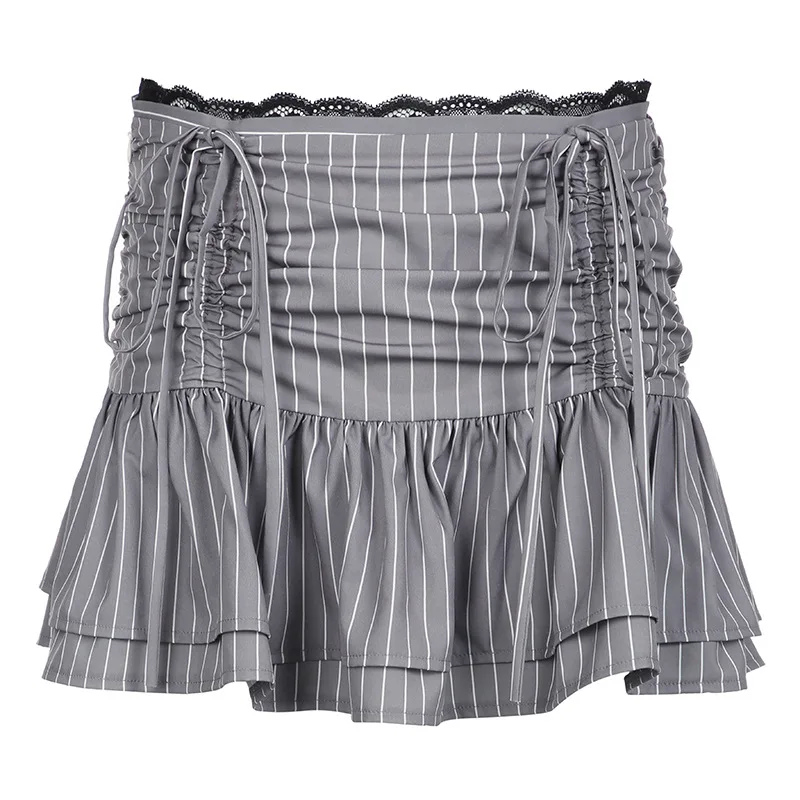 2024 Summer American-style Street Women\'s Skirt Lace Stitching Drawstring Pleated A-lineSkirt Lady Preppy Style Low-waist Skirt