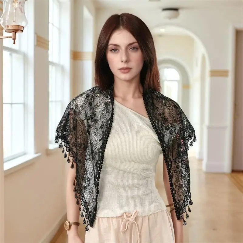 Y3NE Mantilla Lace Trimmed Headscarf Breathable Scarf For Women Lightweight Polyester Daily Wear And Outside Use