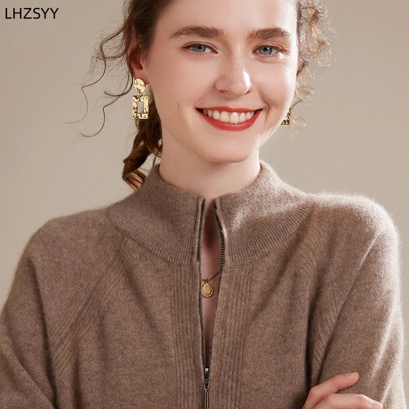 LHZSYY Ladies 100%Pure Goat Cashmere Zipper Cardigan Autumn Winter New High-End Jacket Sweater Casual Joker Thick Cashmere Coats