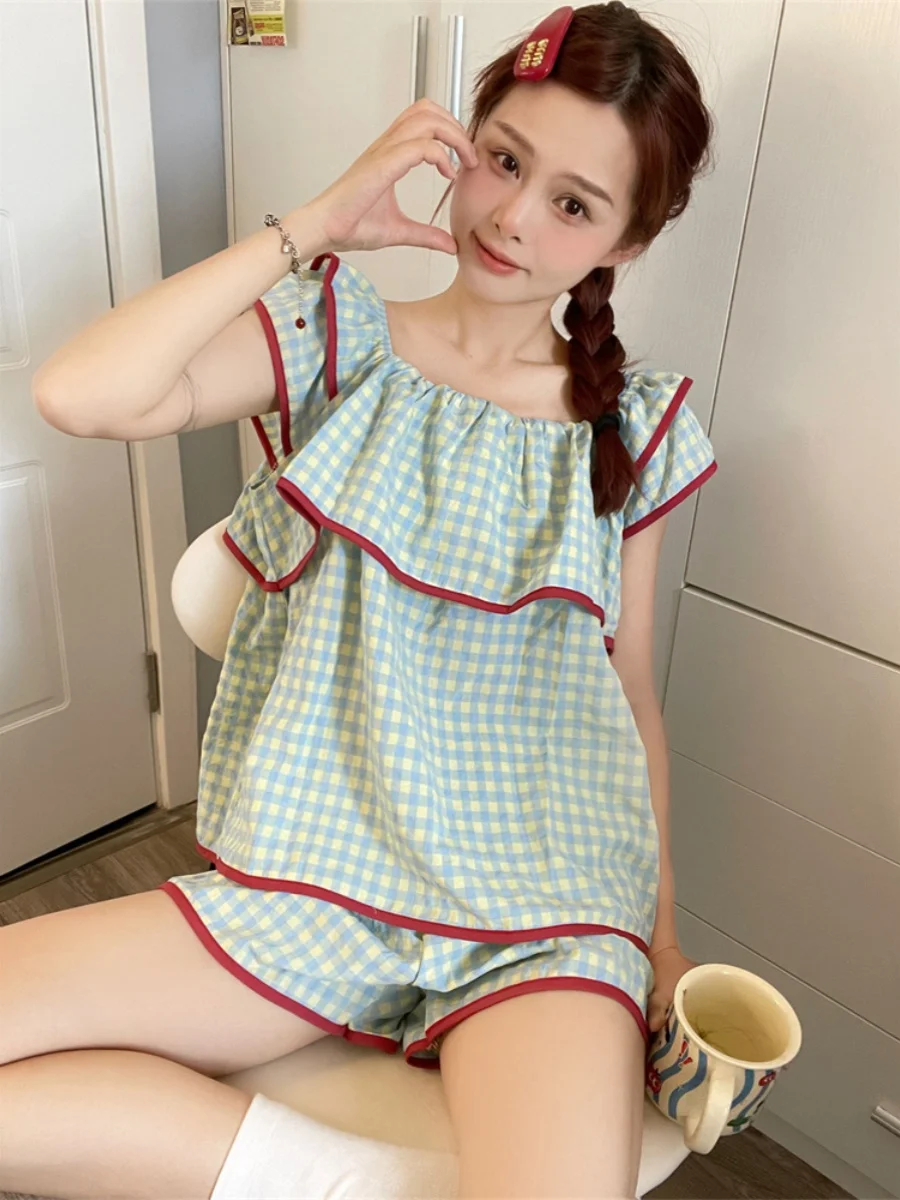 

Summer Sleepwear Set Women's Sweet Lace Trim Checkered Midi Dress Short Pants Milk Silk Student Home Clothes Thin Flounce Sleeve