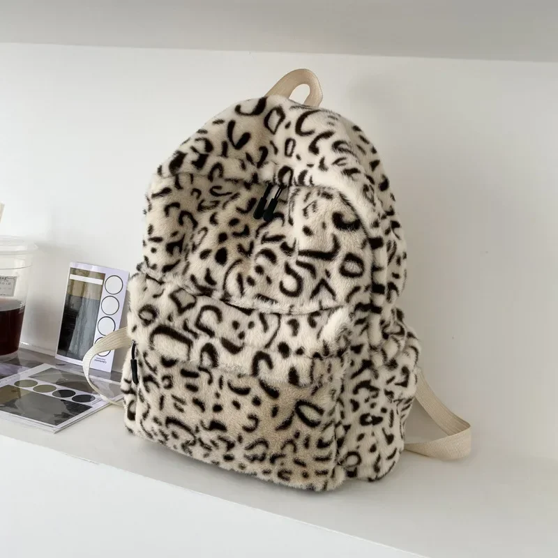 Bolsa de escola macia para mulheres, mochila de pelúcia para estudantes estampa de leopardo, bolsas de viagem, moda