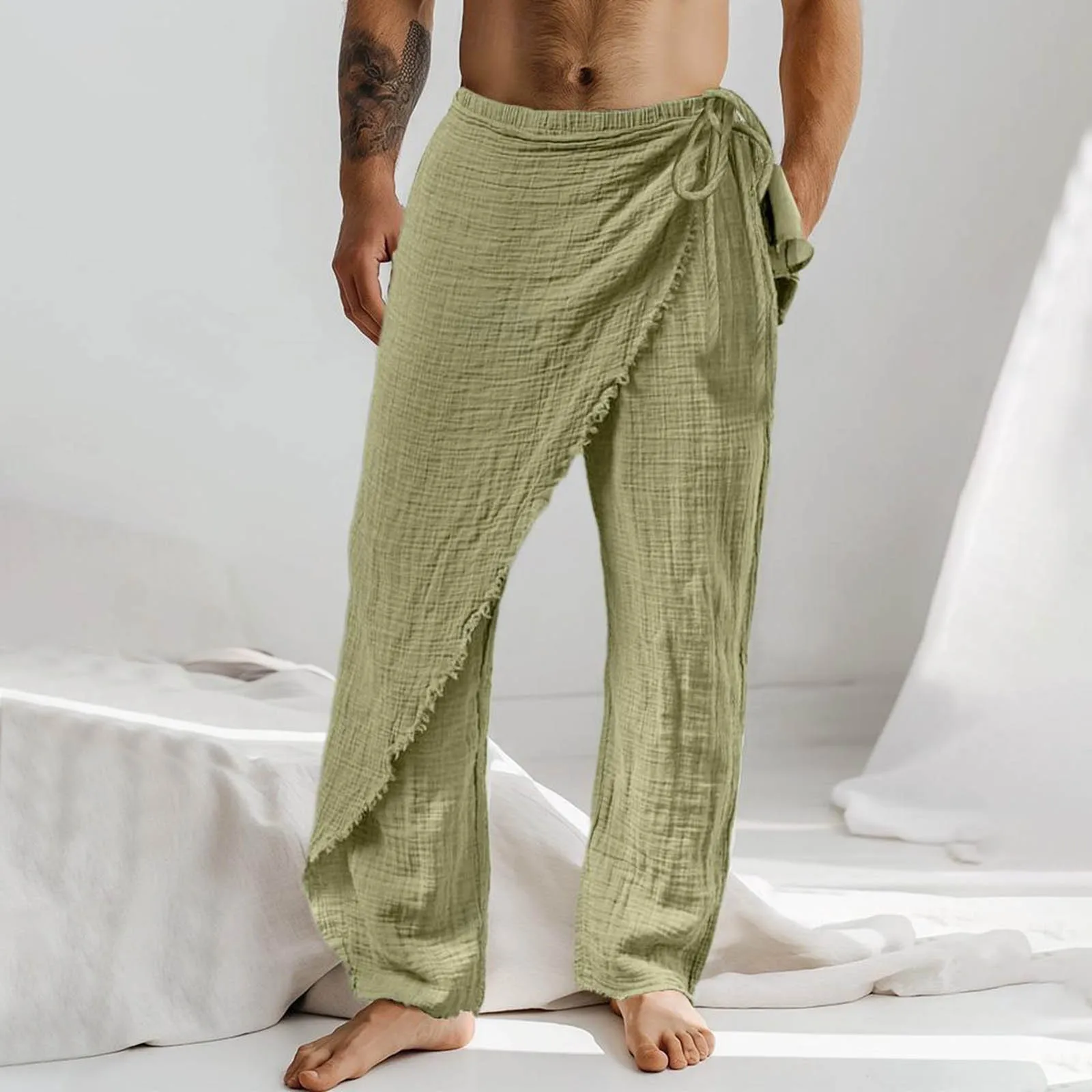 Pantalones de lino con cordón personalizados para hombre, pantalón informal, suelto, Irregular, con volantes, abertura alta, pierna ancha, cómodo, transpirable