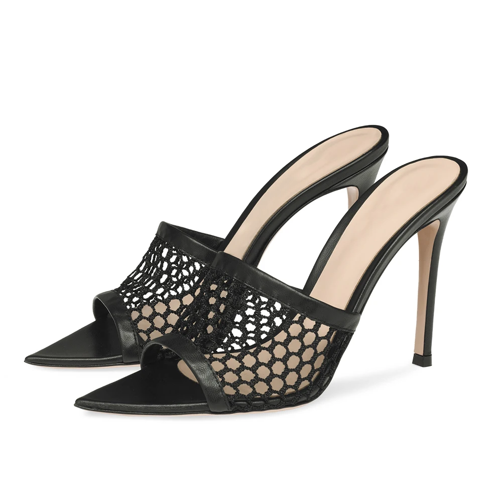 2023 Black Mules High Heel Summer Sandals for Women Pointed Toe Mesh Shoes Stilettos Party Dress Heels Ladies Large Size Slides