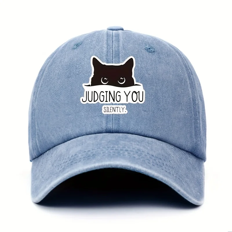 A Vintage-Style Adjustable Baseball Cap Featuring a Black Cat Design That Says 'Silently Judging You.'