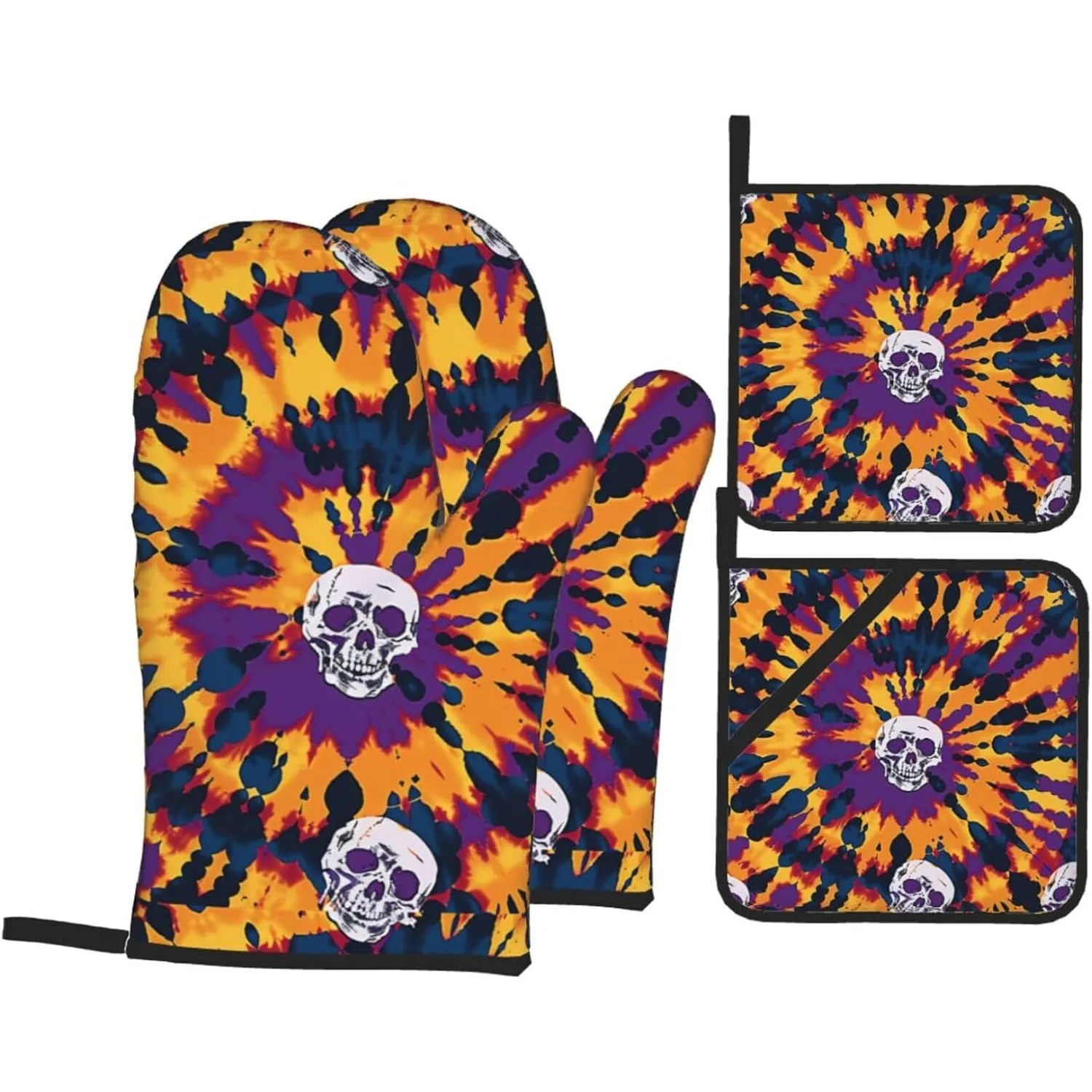 

Oven Mitts and Pot Holders 4 Pcs Set, Tie Dye Skull Face Spiral Circle Vintage Halloween Heat Resistant BBQ Gloves Potholders