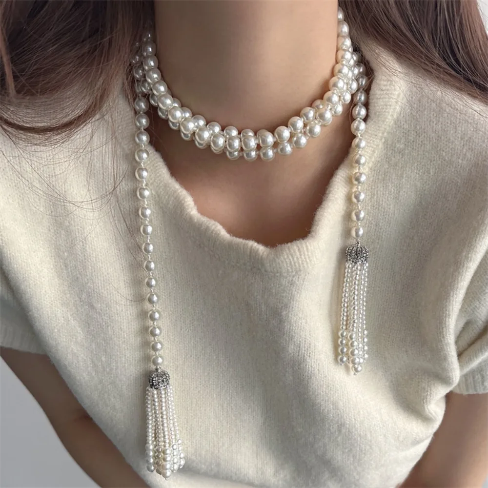 

Fashion Exaggerate Pearl Beaded Necklace Charm Neck Jewelry Waistband Accessories Tassel Sweater Chain Girls