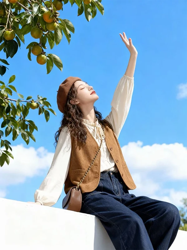 韓国風スレVネックベストとウッドインハイウエストストレートレッグジーンズのツーピースセット、レディースファッション衣装