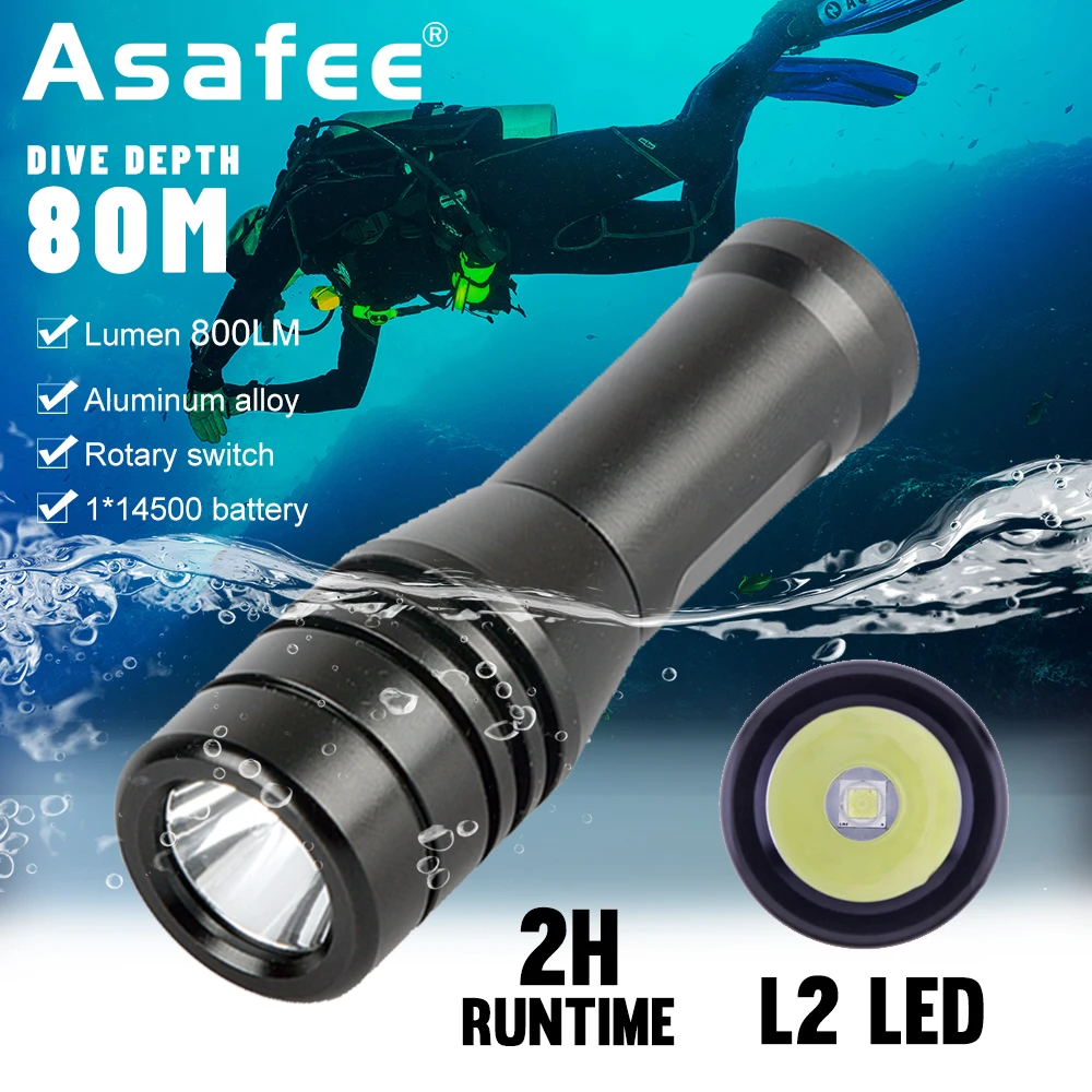 Asafee-linterna LED subacuática L2, 80M, 800LM, IPX8, impermeable, interruptor giratorio, 1 modo, batería 14500