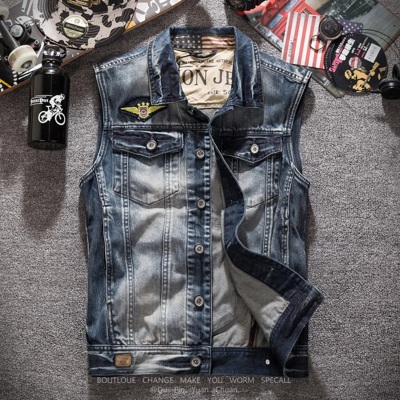 Fashion Jean Waistcoat Motorcycle Denim Vest Vintage Casual Coat Men's Slim Large Pocket Sleeveless Jacket Clothes Drop Shipping