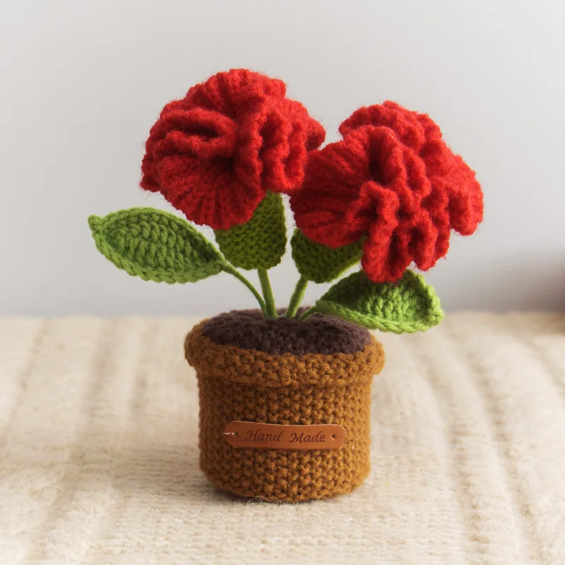 Ręcznie robione szydełkowe goździki w doniczkach, wykończony bukiet z roślin sztucznych, dekoracja na biurko, prezenty na Boże Narodzenie i ukończenie szkoły