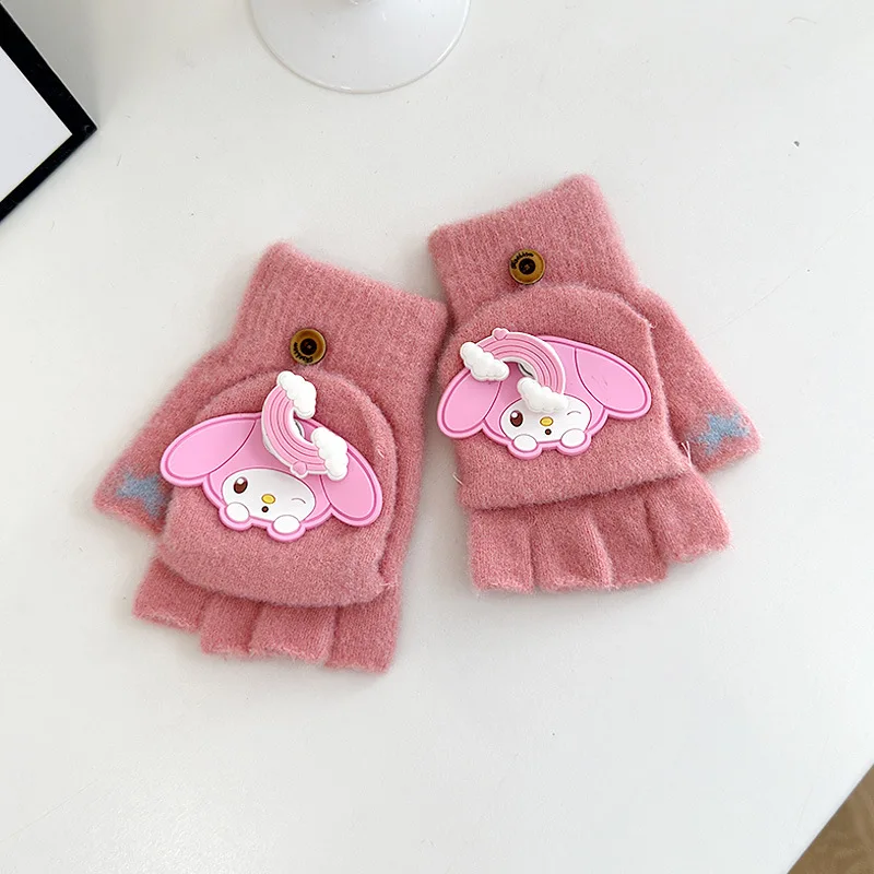 Sanrio kinderhandschoenen nieuwe herfst en winter schattige warme verdikte vijfvingerflap schrijfstudenten halfvingerhandschoenen