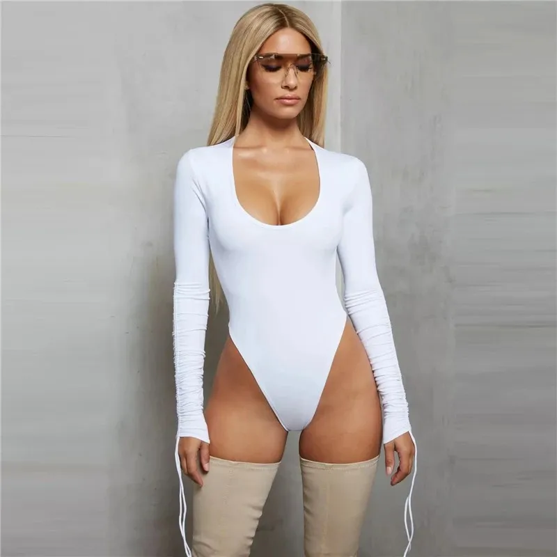 Sexy Bodysuit Off Shoulder Strappy  Perforated Hollow Tight Long Sleeve One Piece Body Top Women's Bodysuits Woman Clothing