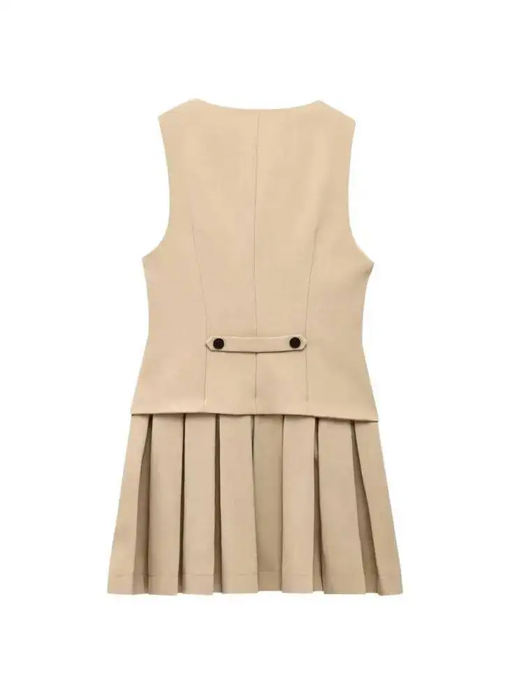 Women's V-Neck Sleeveless Pleated Mini Dress Fashion Front Button Female Vestidos Mujer Tank Mini Dress Tops 2025 New 5XX1