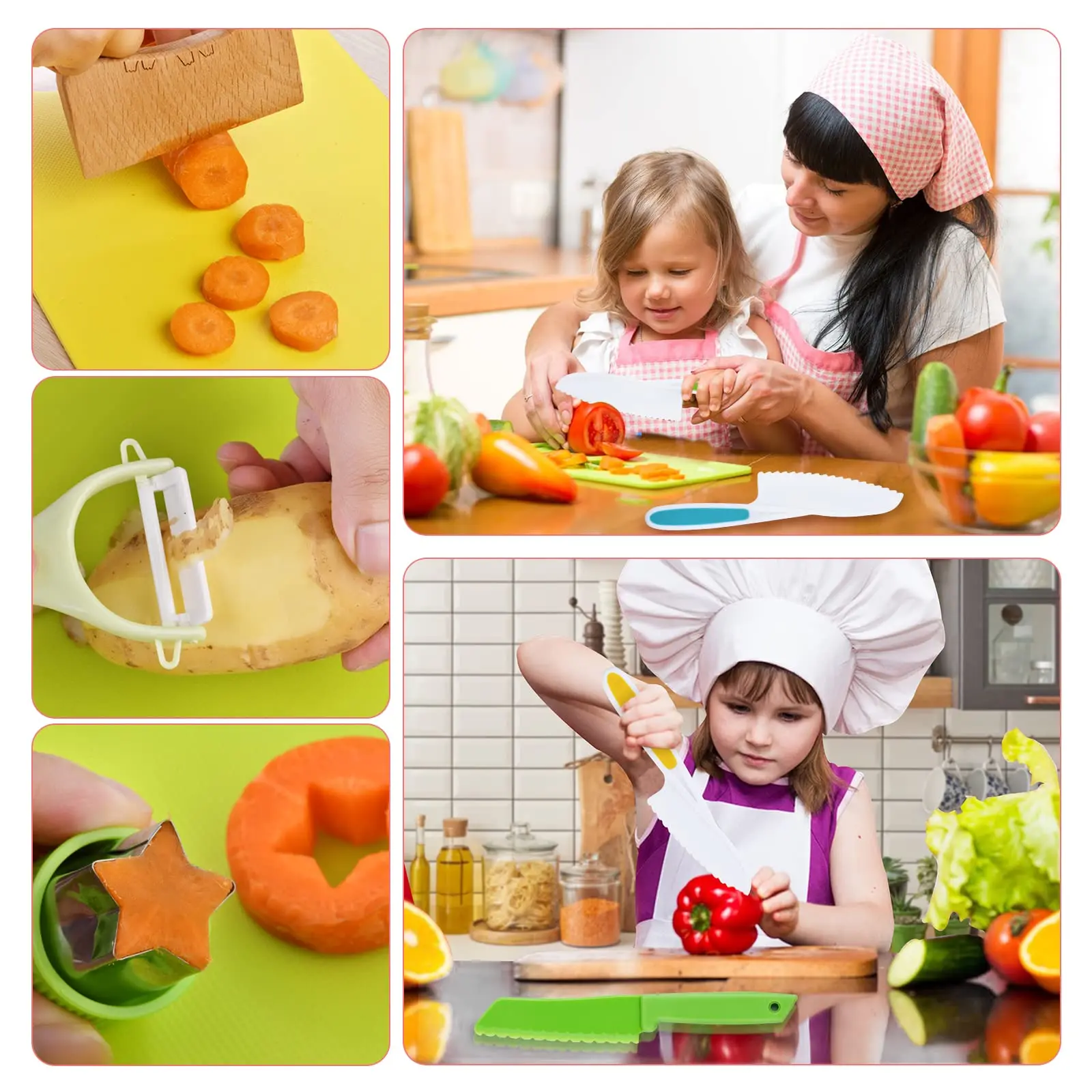 Set alat dapur Montessori, 13 buah mainan memasak kue, pisau aman anak-anak dengan papan potong untuk balita, aksesori memasak asli