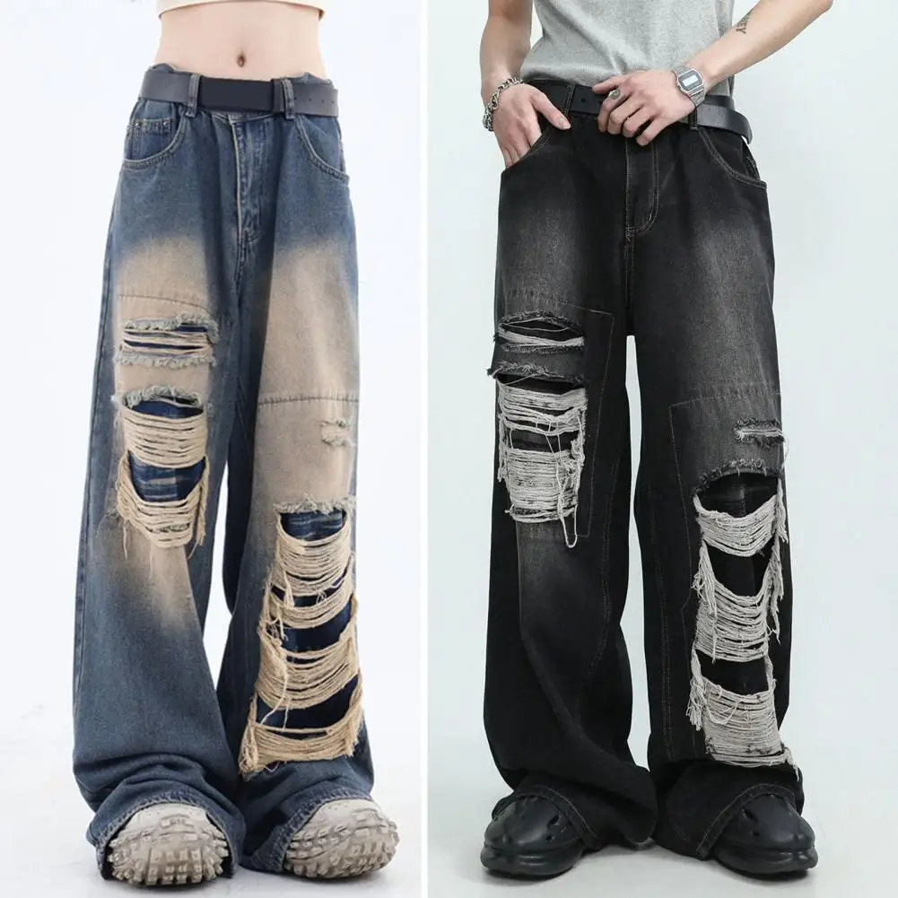 

Distressed Jeans Straight Design Jeans Vintage Gothic High Waist Wide Leg Women's Jeans with Ripped Holes Pockets Hip Hop for A