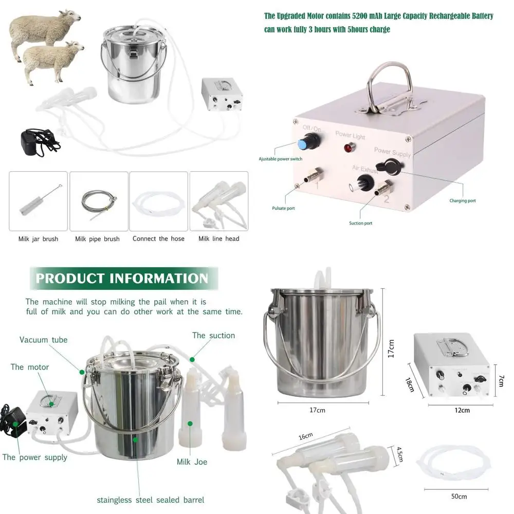 

Automatic Battery-Powered Goat Milking Machine with Pulsation, 2 Teat Cups, Stainless Steel Bucket