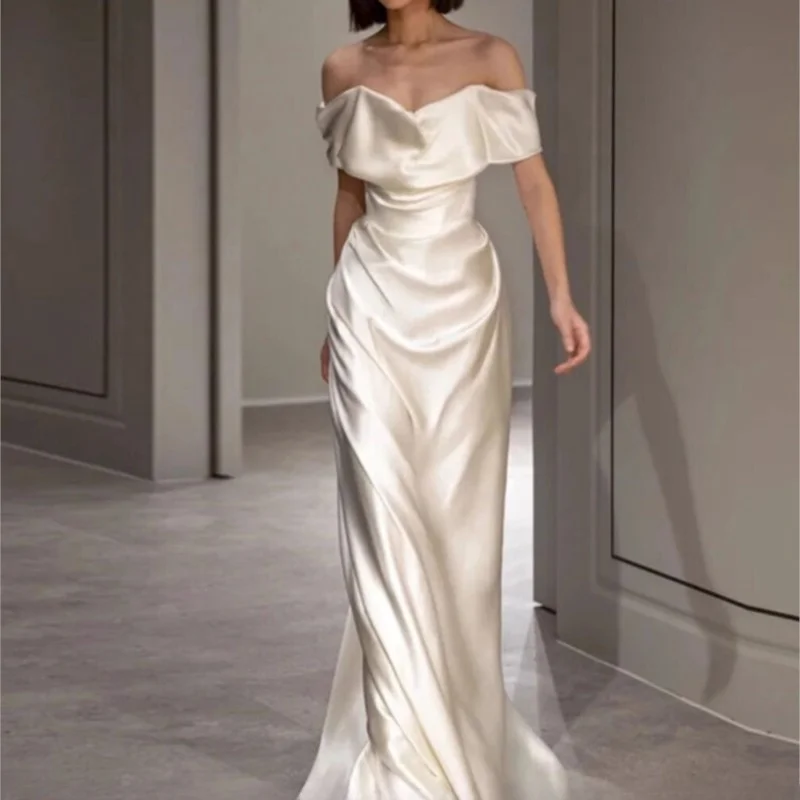 

off-Shoulder White Simple Satin Niche Light Morning Gowns Female Toast Clothing Shot Dress