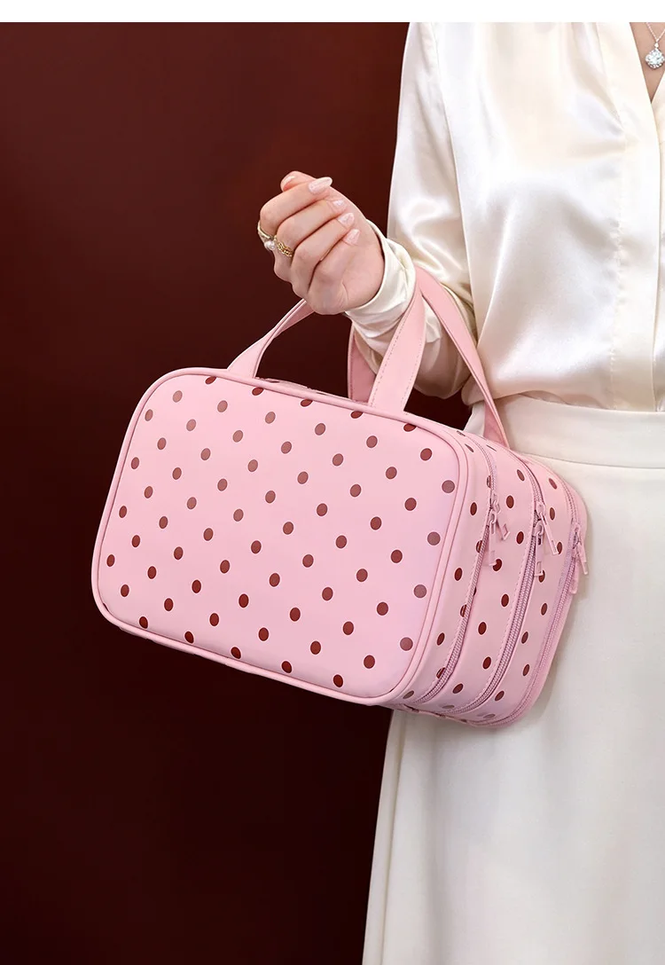 Polka Dot Make-up-Tasche mit großem Fassungsvermögen, tragbarer Reise-Kosmetik-Organizer, wasserdichte Hand-Kulturtasche für Damen – Detail 13