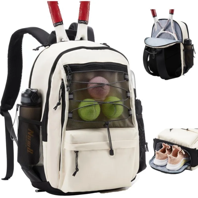 

Large Capacity Black Milky Tennis Backpack Sports Racket Pack Holds 1-2 Tennis Rackets Outdoor Badminton Bag with Shoe Pocket