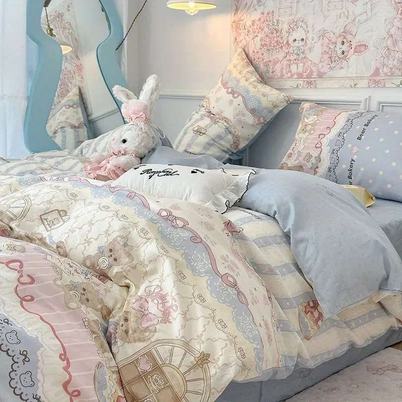 

Cute Bear Bedding Set No Filler Kids Adult Duvet Cover Flat Sheet Pillowcases Single Full Queen Size BedSpread Home Textile