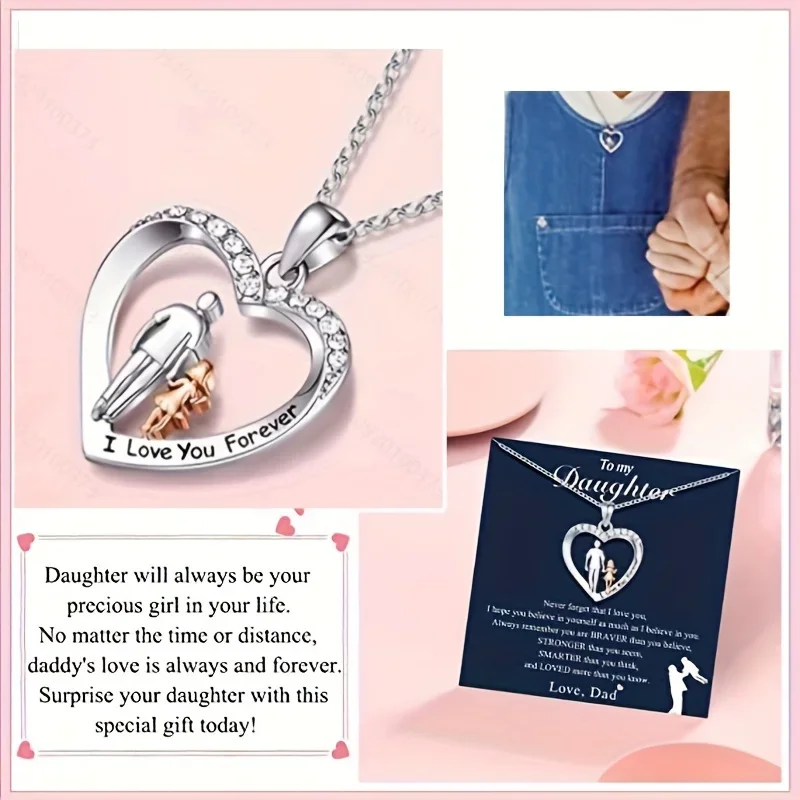 Creative Exquisite Heart Dad Daughter Pendant Necklace Decorative Accessories for Holiday Party Giftwith Gift Card AmericanStyle