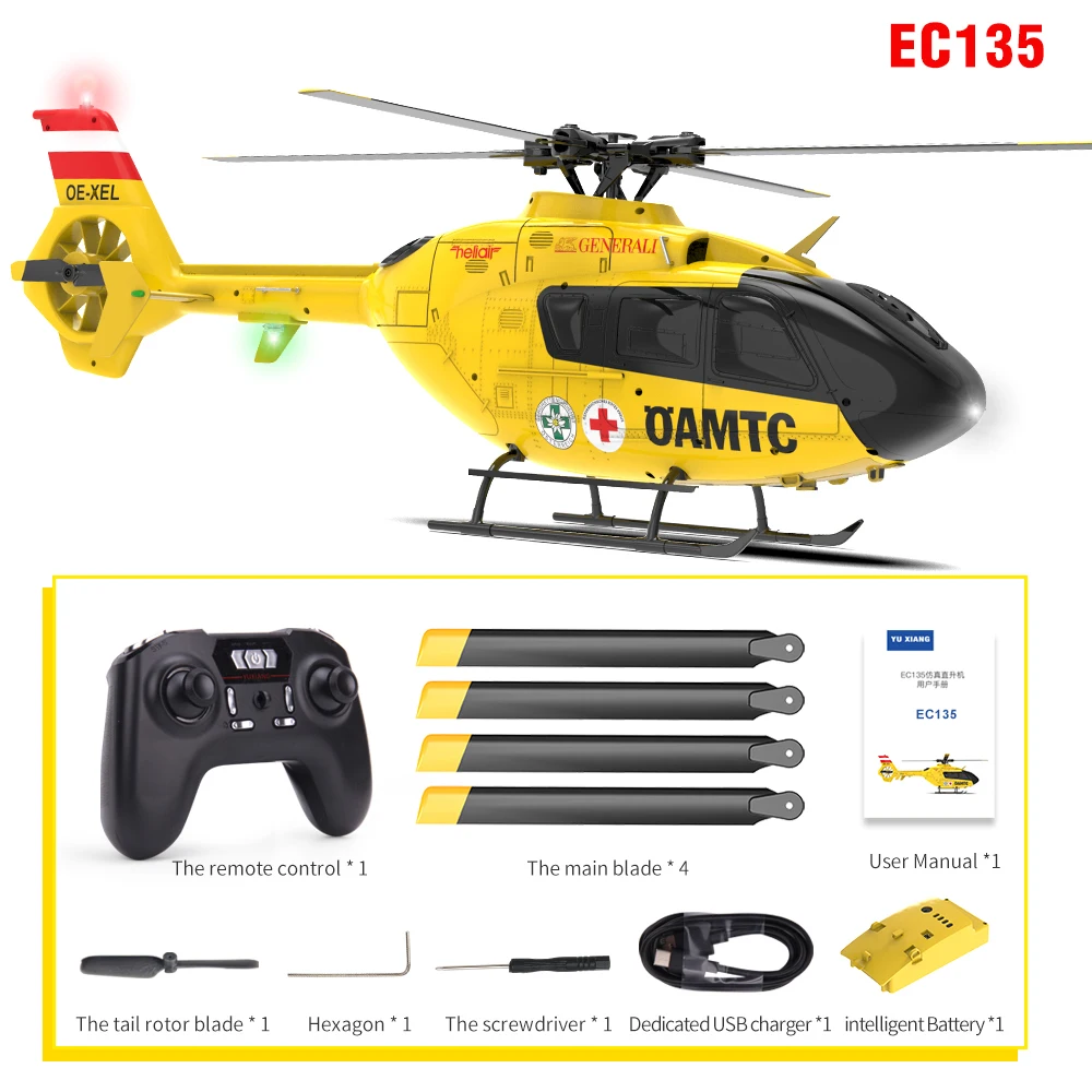 YXZNRC-Hélicoptère RC EC135 avec gyroscope à 6 axes, 2.4G, 6CH, échelle 1:36, positionnement de flux optique Flybarless, maintien d'altitude, lumière LED