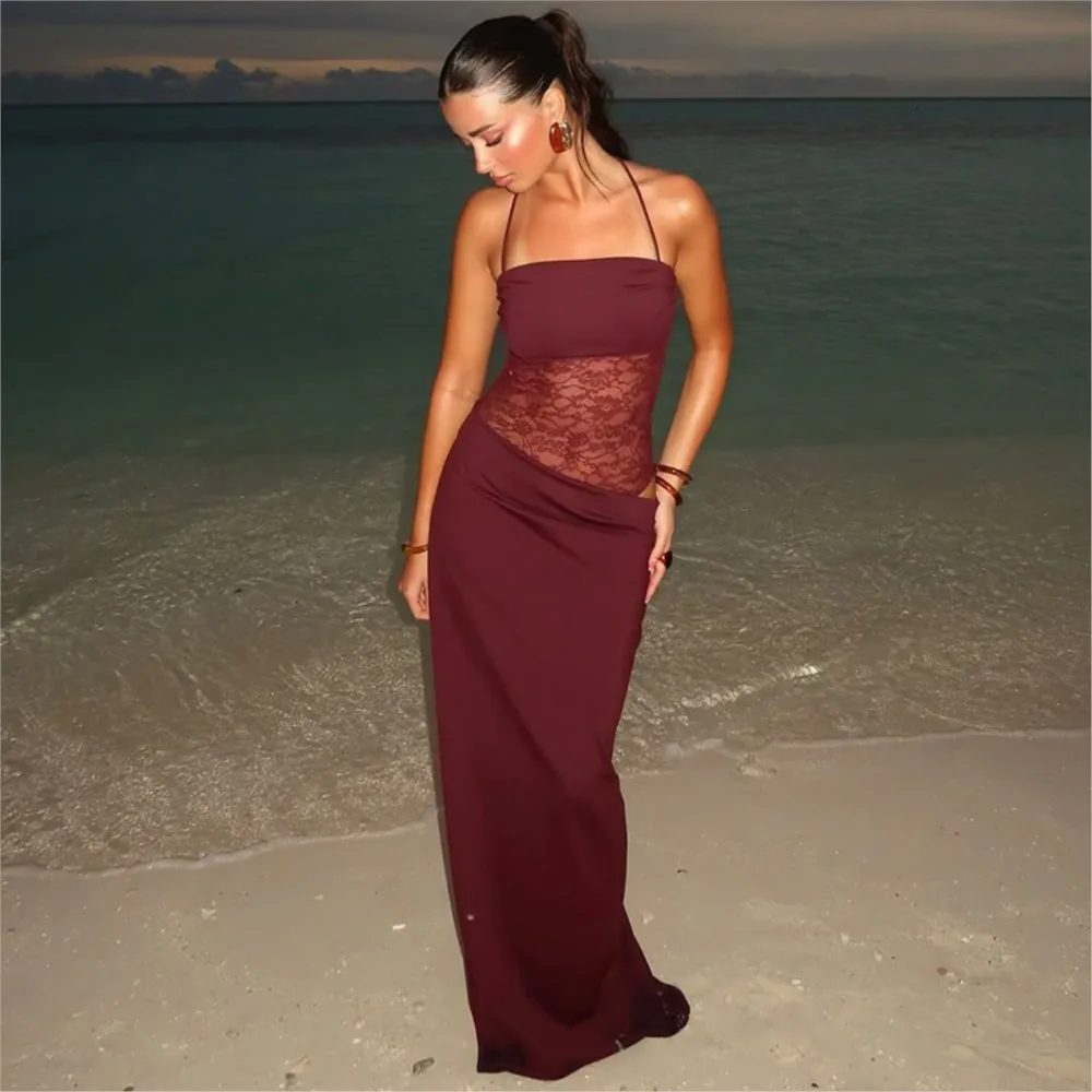 

Sexy Dress Slim Temperament Solid Color Woman Clothing Spliced ​​low Waist One Shoulder Strap Hollow See-through Party Dresses