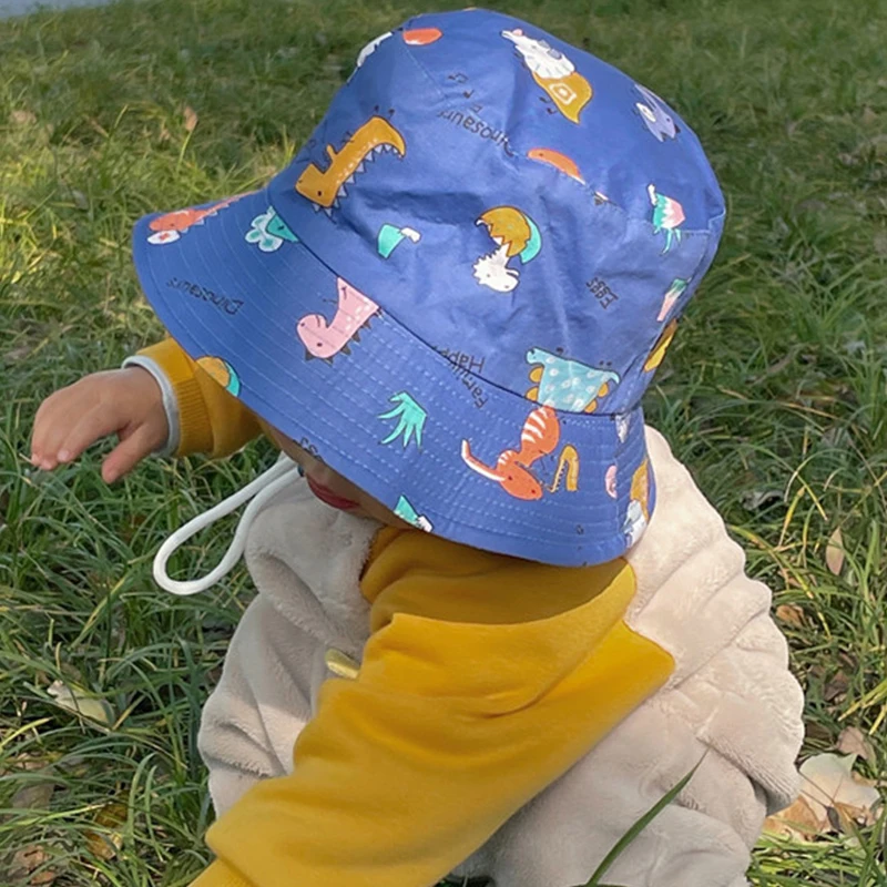 Cartoon Printing Baby Bucket Hat Cotton Breathable Kids Fisherman Hat Infant Toddle Sun Hat With Drawstring