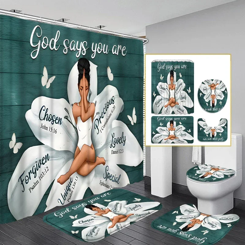 1/4 piece shower curtain set, waterproof bathroom partition curtain with hooks, anti-slip bath rug, U shape mat, toilet seat cov