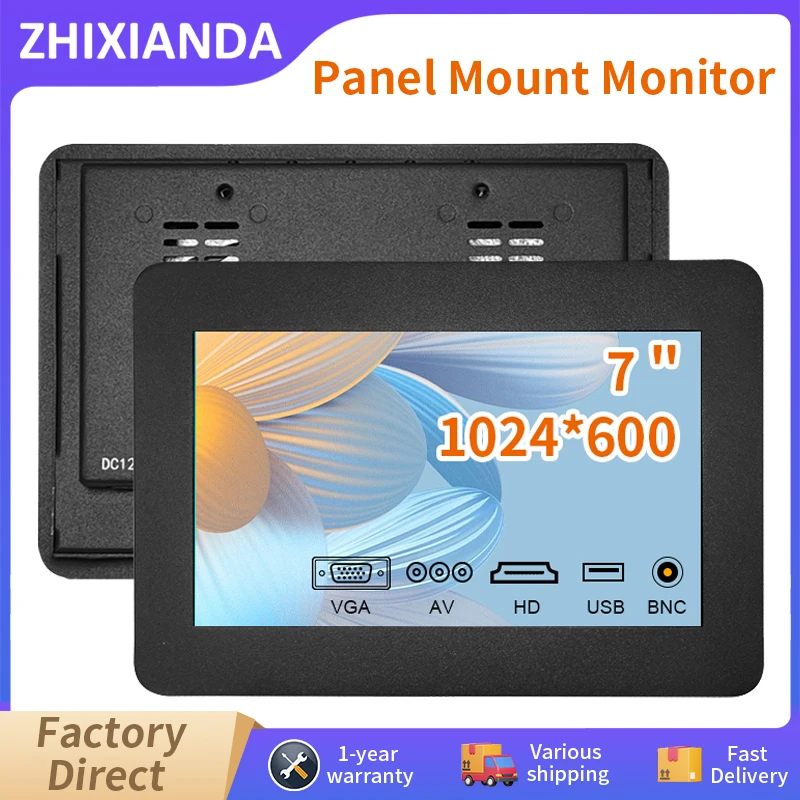 7 Inch Industrial Use Embedded Capacitive Touch Monitor 1024*600 Widescreen Panel Mount Display With VGA HDMI BNC AV Interface