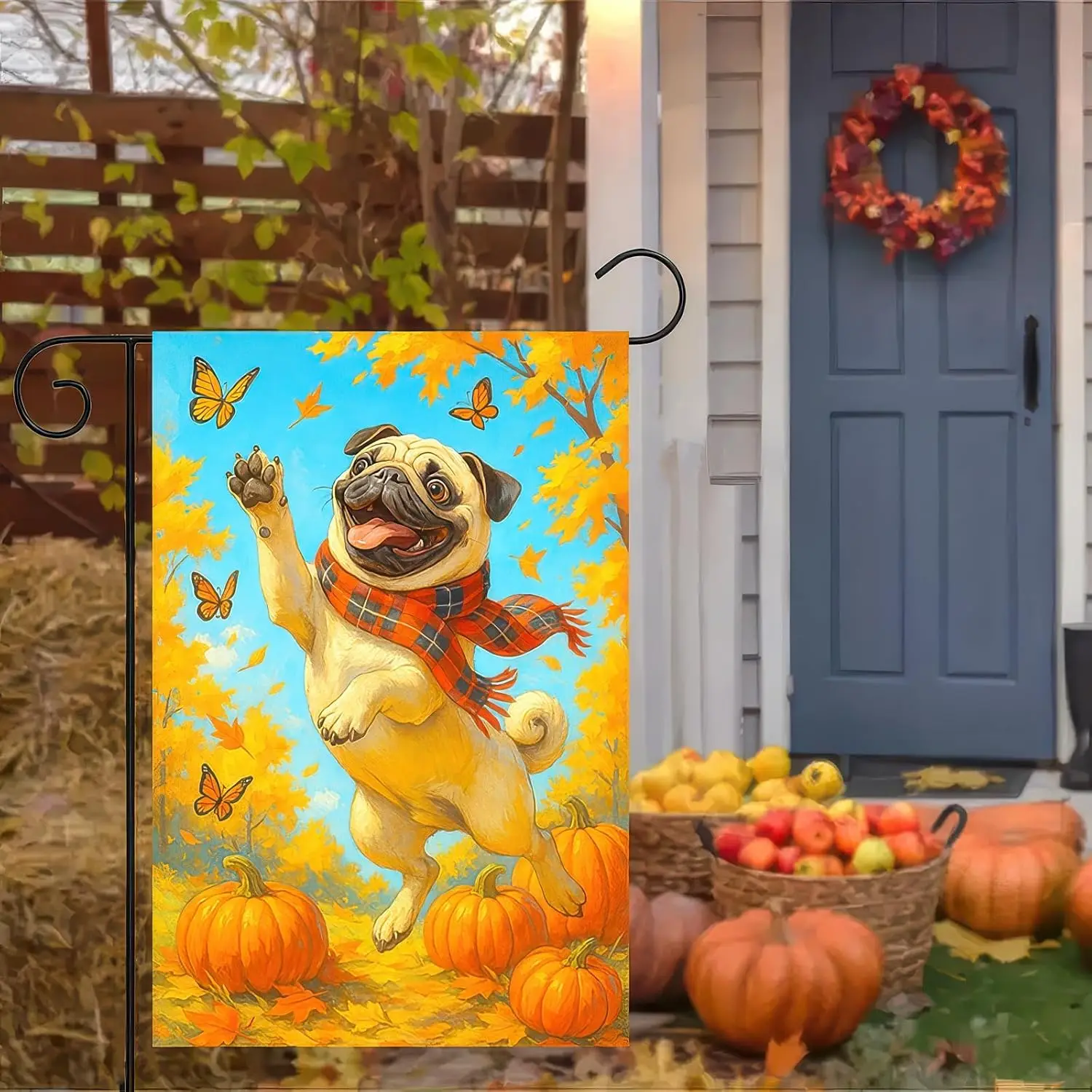 Garden Flags 12x18 Inch Halloween Garden Flag Double-Sided Pug Dog Pumpkin Fall Outdoor Decorations Trick or Treat Yard Sign SSL