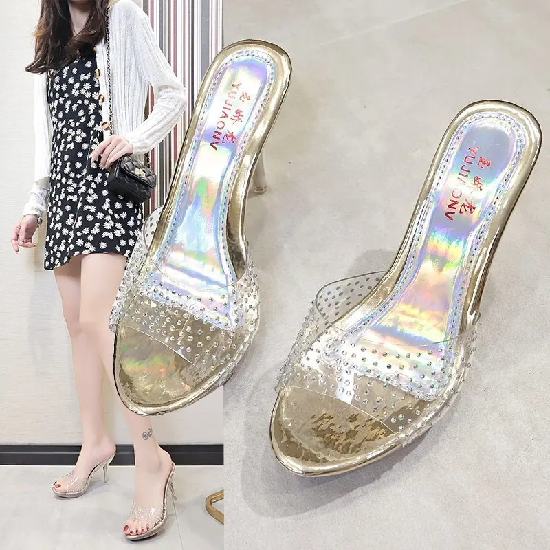 Transparent Crystal Slippers Women Summer Sandals 9cm Sexy High Heel Women Shoes Outdoor Home Fish Mouth Slippers Women Party