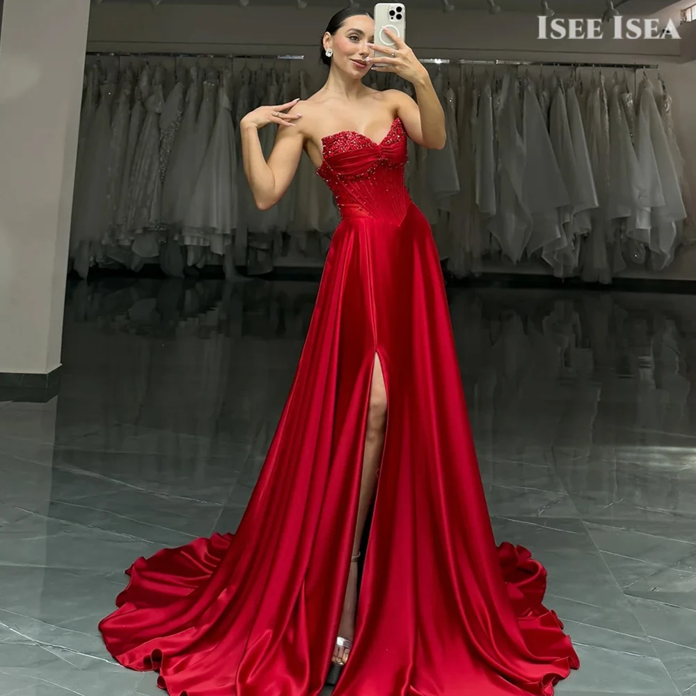 

Formal Evening Gowns Dresses Satin Sexy Split Shiny Sequined Ball Gown Sleeveless Elegant Strapless Prom Gown Dress Customized