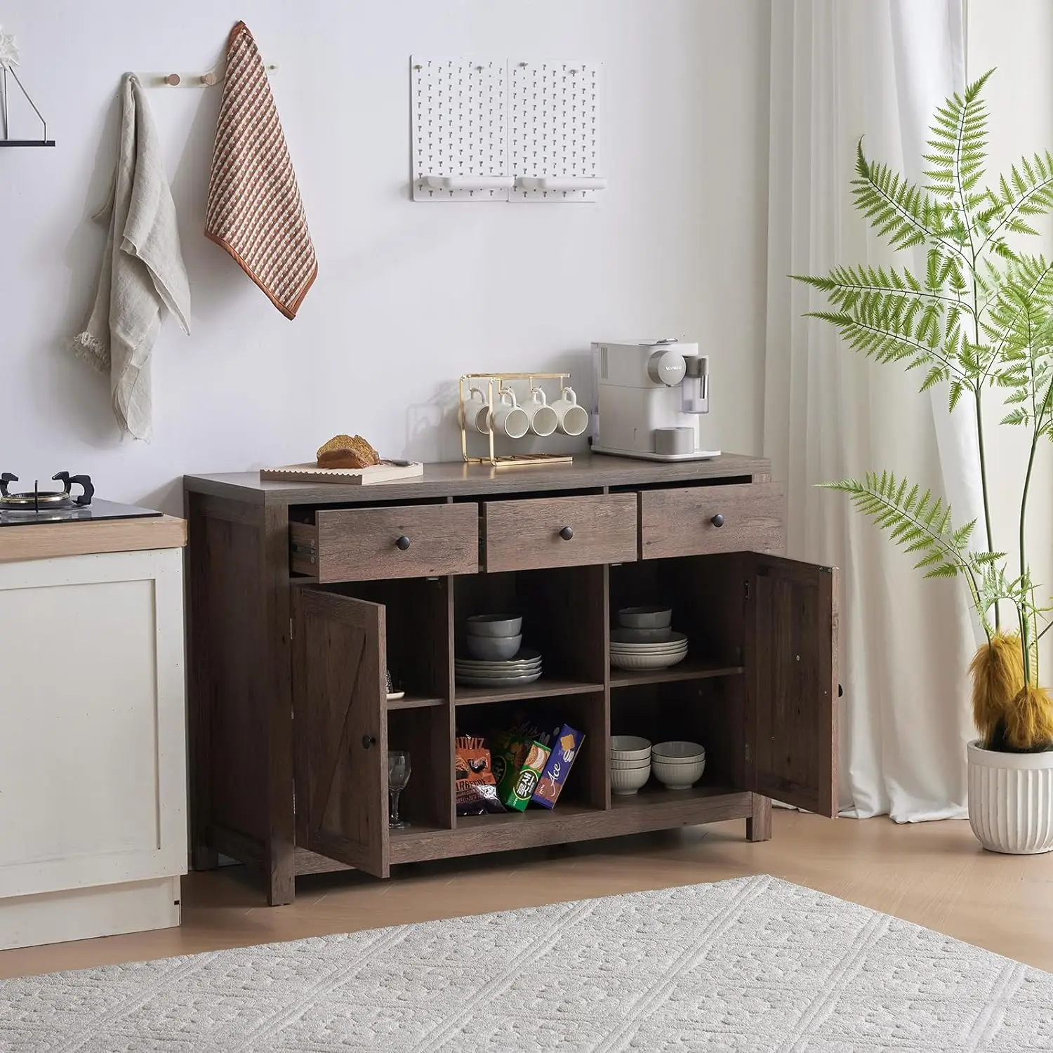 Kitchen Sideboard Buffet Cabinet with Storage, Vintage Wood Coffee Bar Cabinet, Living Room Farmhouse Side Table, Buffet Table