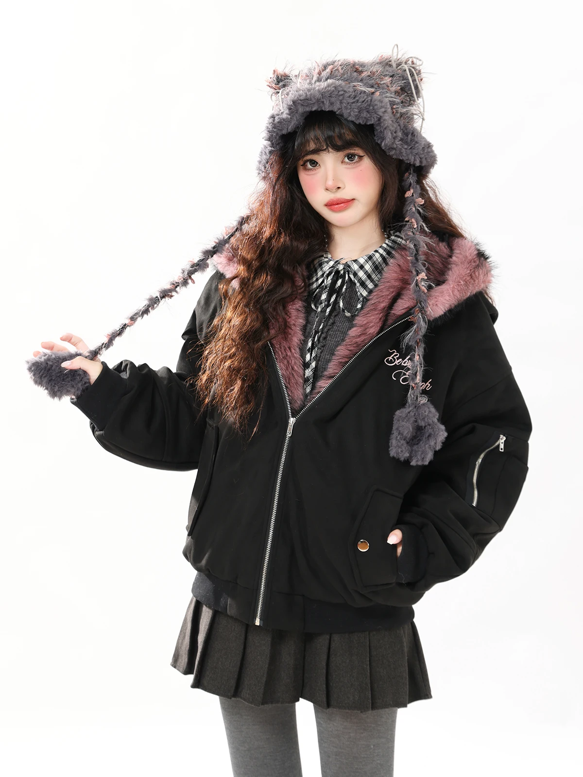 

ENJOG Sweet Cool Ear Cotton Jaet Women's Winter Casual Loose Sle Spicy Girl Workwear Windproof Warm Zipper Hooded