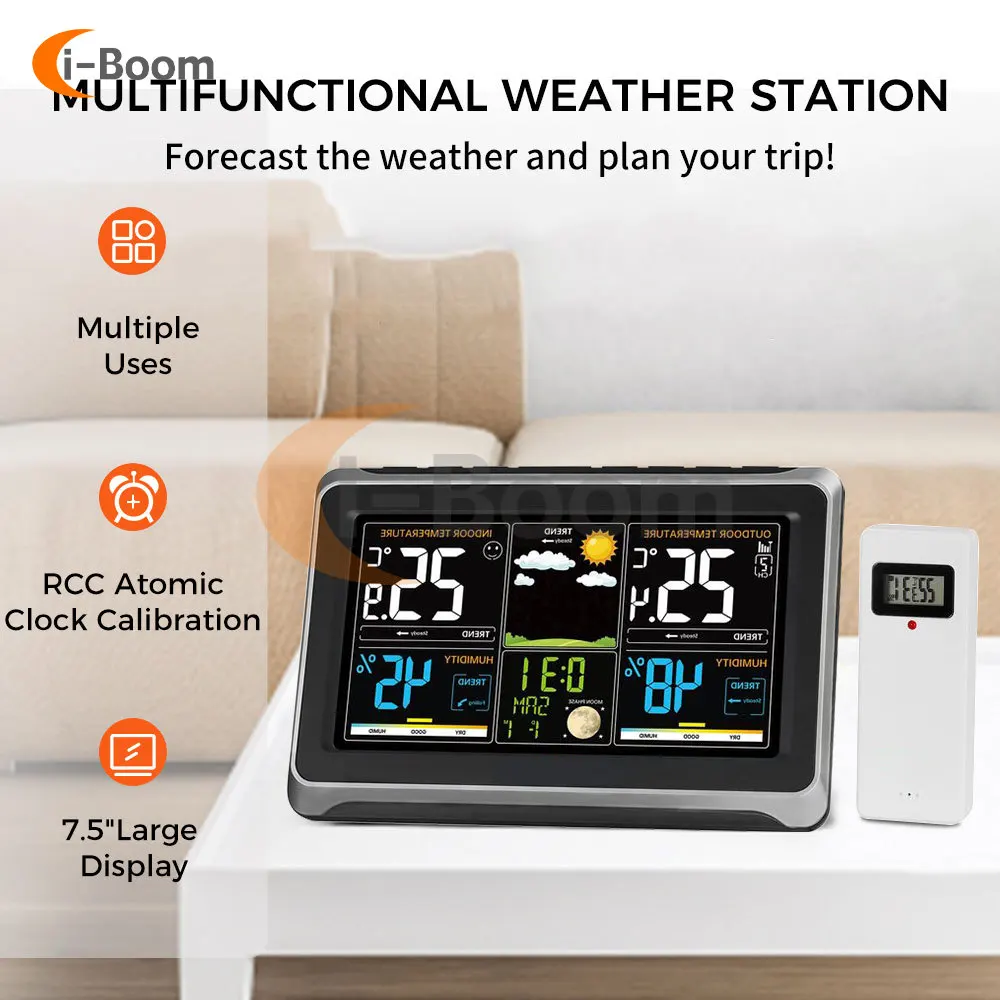 Electronic Thermohygrometer Weather Station Perpetual Calendar Atomic Clock WWVB Automatic Calibration 7.5-inch Color Display