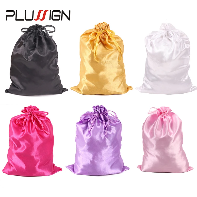 Plussign Tas Wig Hitam Pink Emas Wig Penyimpanan dengan Tali Ukuran Besar 25Cm * 35Cm Satin Wig Tas Kantong Hadiah Tas 1-3 Buah/Lot