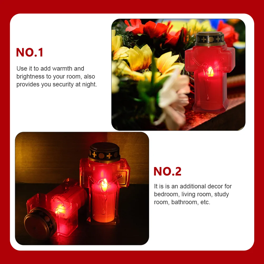 2 Pcs Electronic Decorative Light Religious Candles Prayer Red Flameless Cross