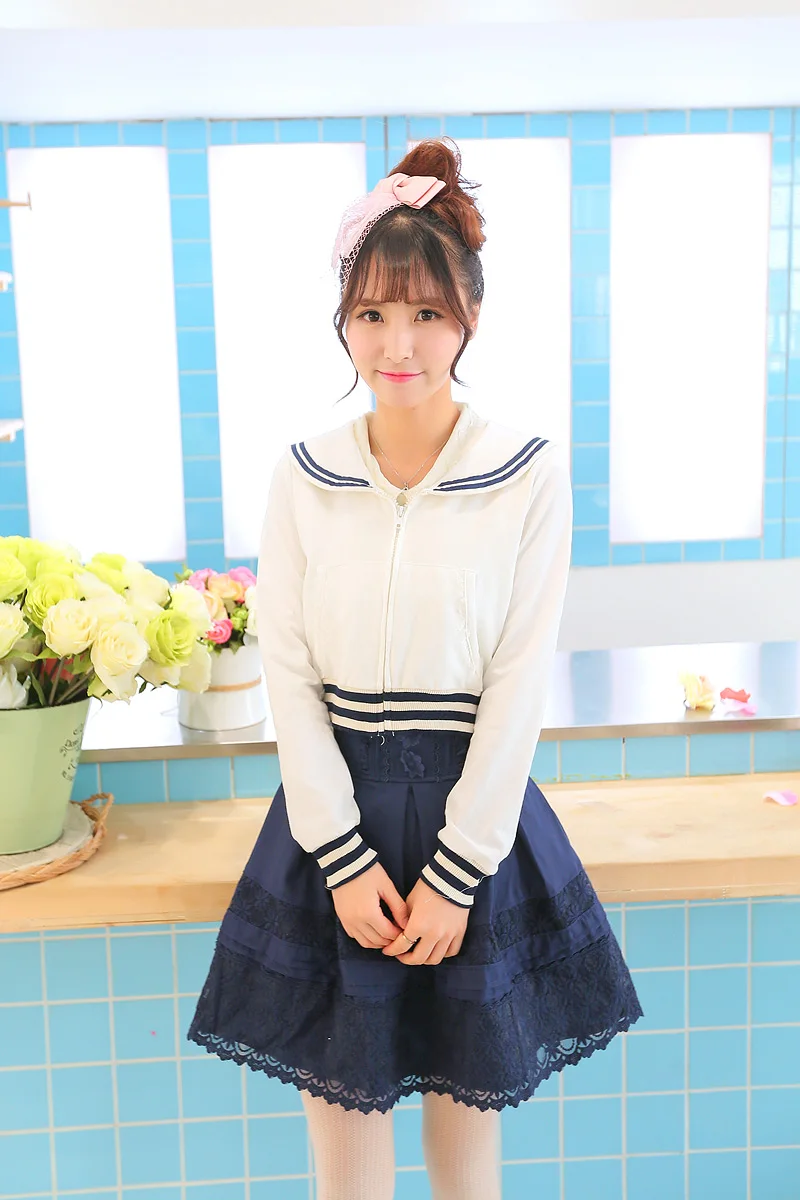 

Sales Japan Liz Lisa Navy Collar Lace Mesh Embroidery Cotton Knitted Cardigan Coat Sweat Shirts