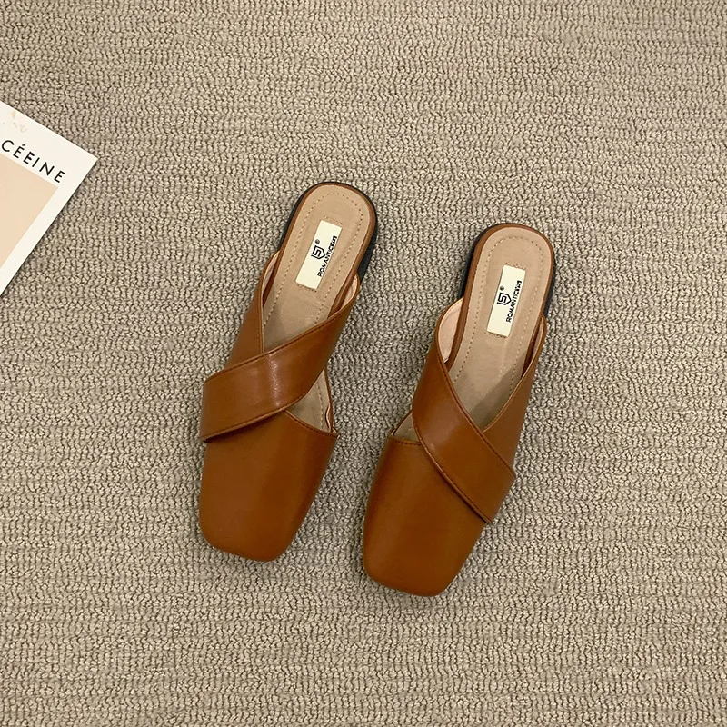 Cover Toe Shoes Mules For Women 2025 Female Slippers Square heel Med Slides Shallow Fashion New Block Luxury Fabric Rubber PU Ho