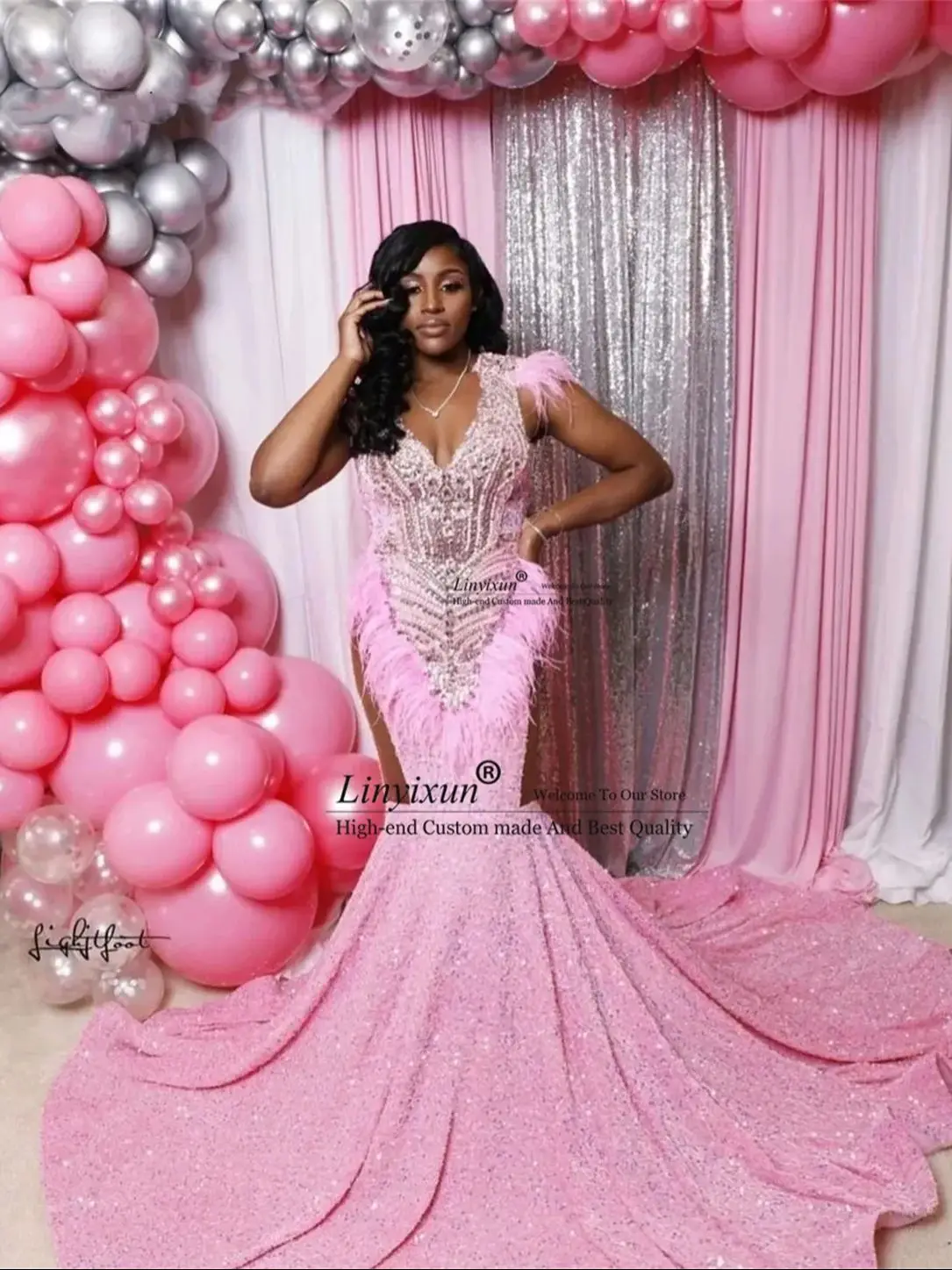 تسلق المخملية الترتر بلورات حورية البحر فساتين لحضور الحفلات الموسيقية مخصصة الفتيات السود مساء ثوب الحفلات Aso Ebi الريش رداء دي سواريه