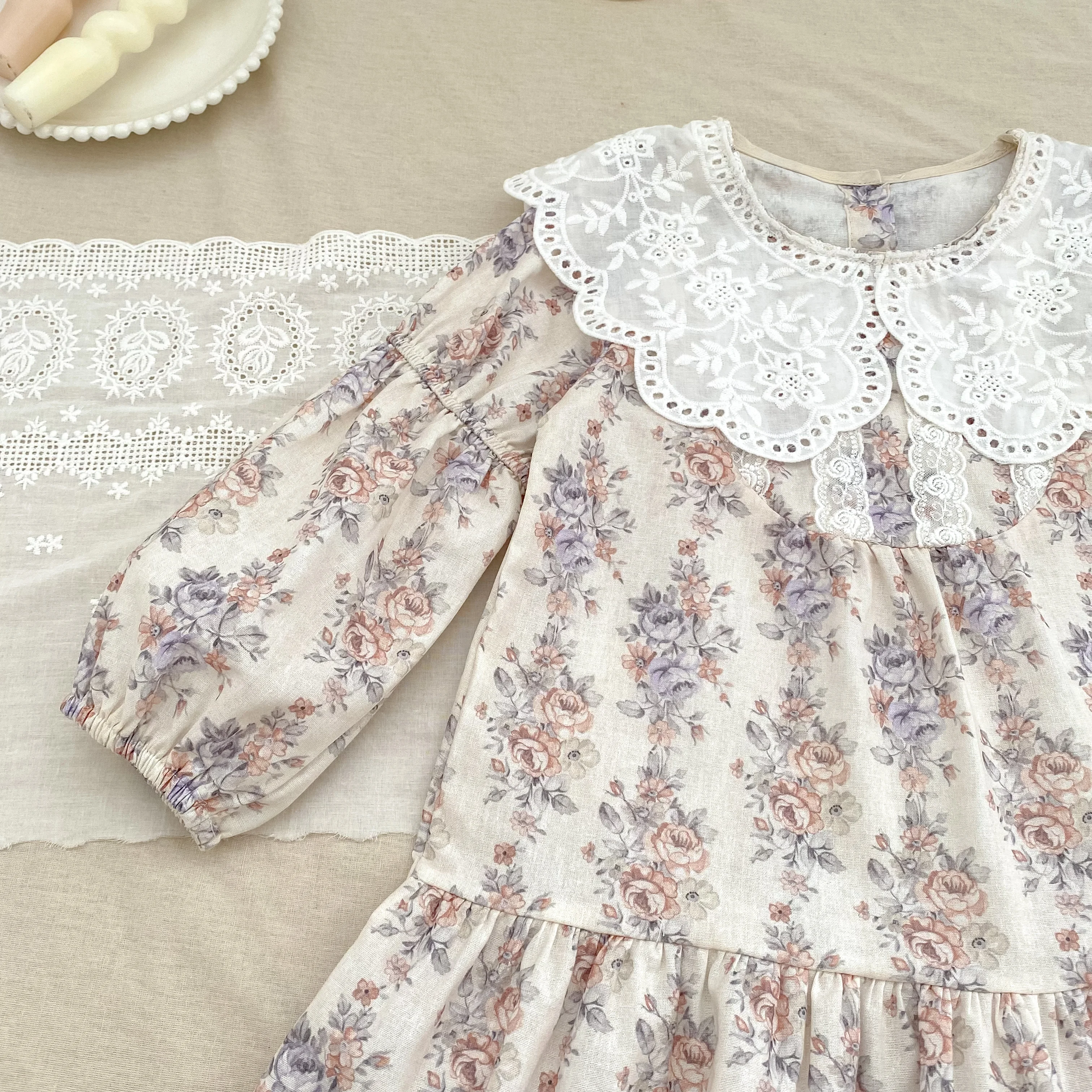 Herbst Blume Französisch Kontrast Revers Stil Mädchen Kleid Frühling Baby Kinder Lange Ärmeln Reine Baumwolle Spitze Süße Prinzessin Kleid – Detail 8