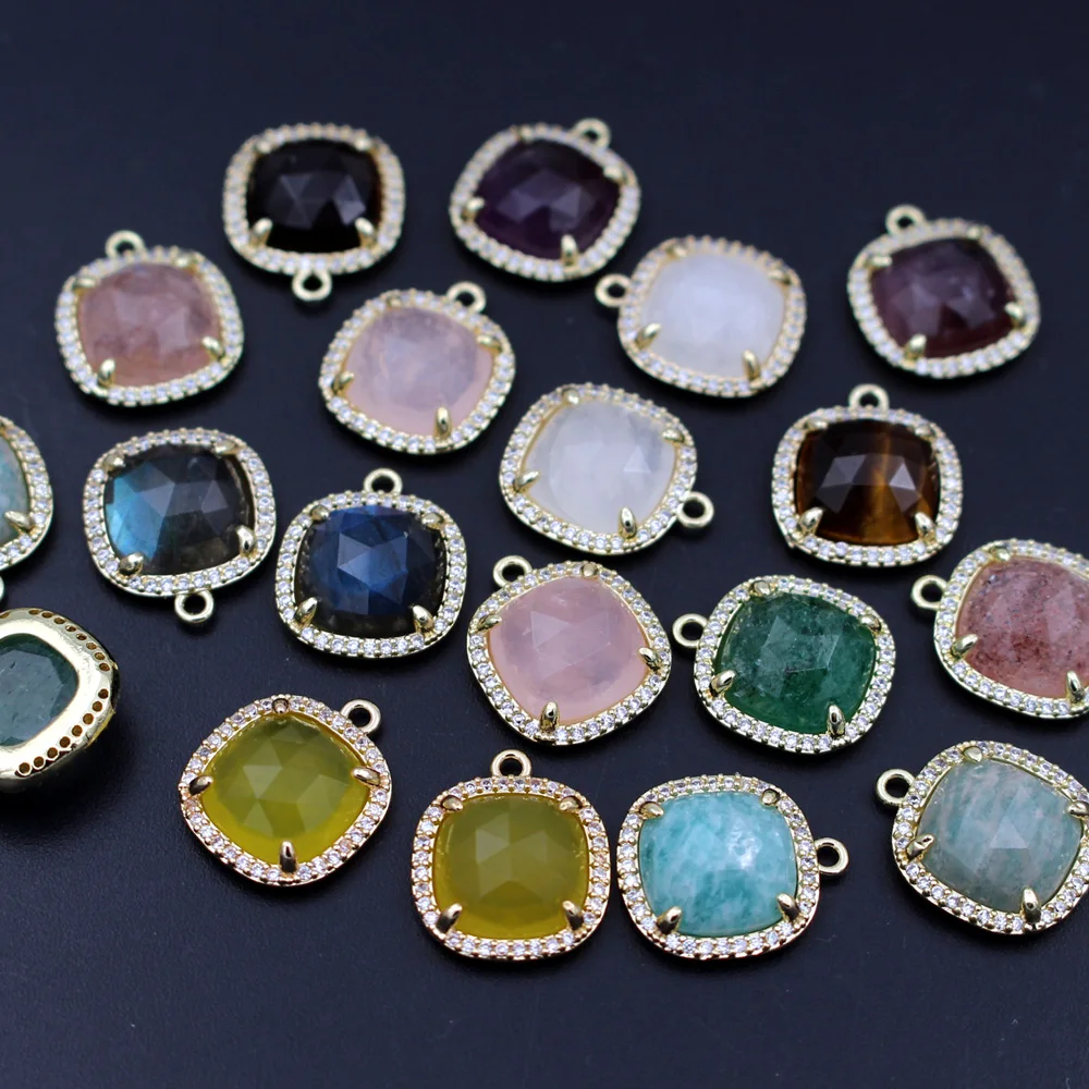 10pcs Colored Faceted Natural Stone Square CZ Pendant End Charms DIY Jewelry Accessories Nickel Free