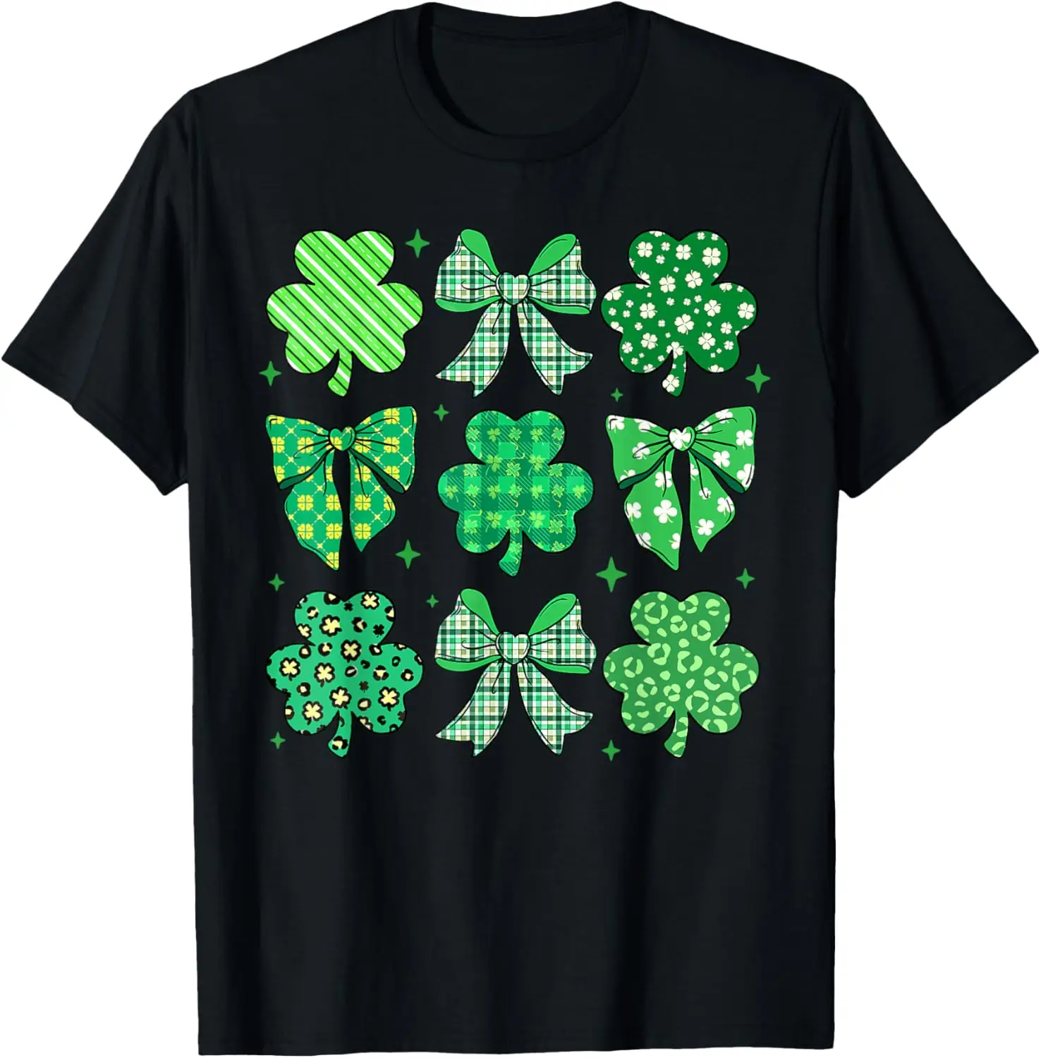 

St Patricks Day Shamrock Bow Print Graphic Tee Soft Cotton Casual Crew Neck T-Shirt